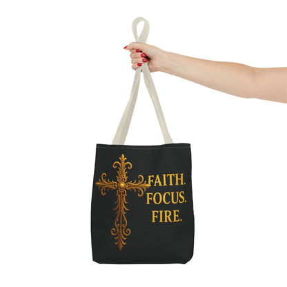 "Faith Focus Fire" Tote Bag: Golden Cross Christian Gift