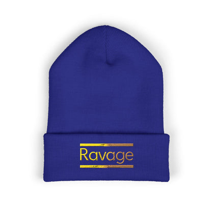 Ravage Embroidered Cuffed Beanie | Gold Logo Knit Hat