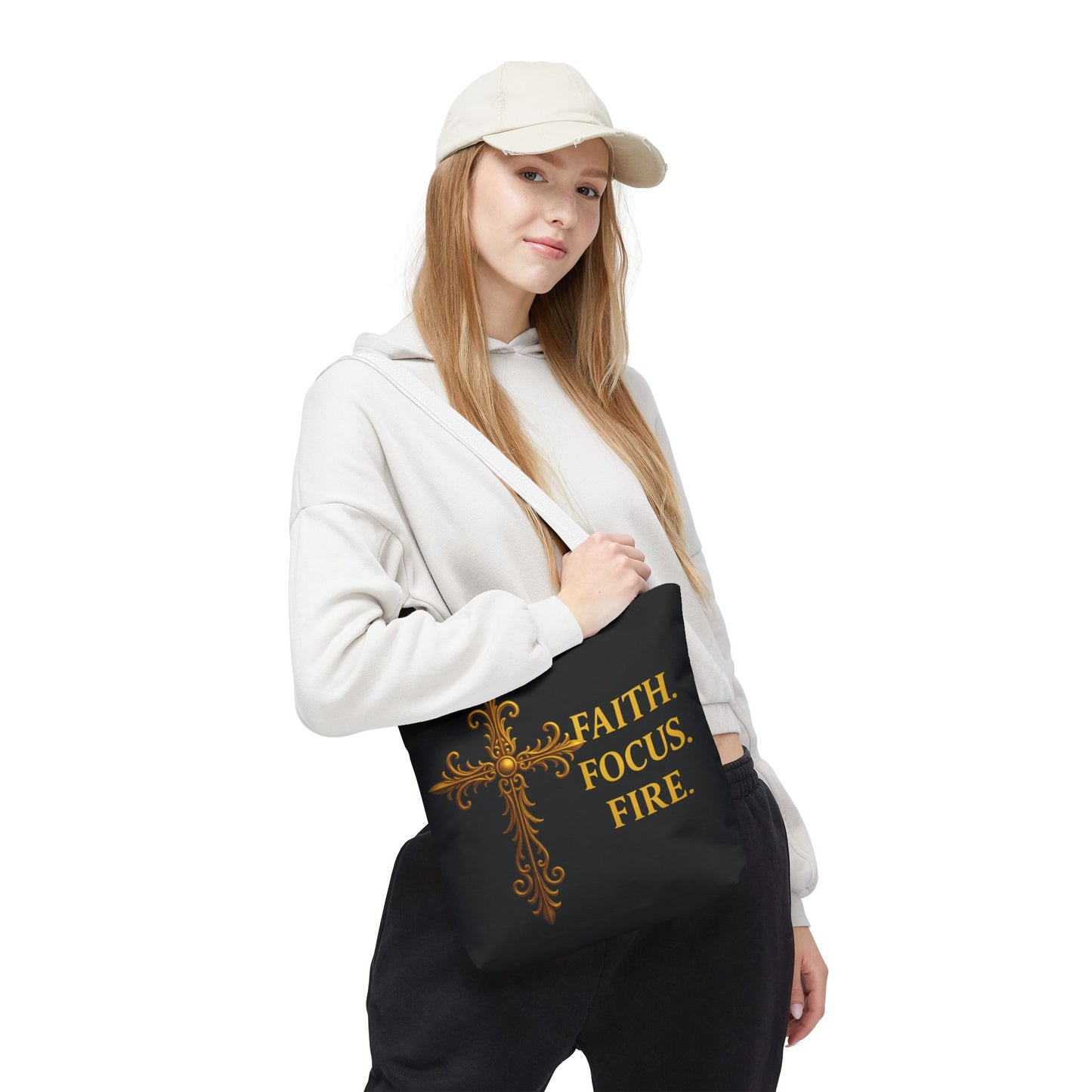 "Faith Focus Fire" Tote Bag: Golden Cross Christian Gift