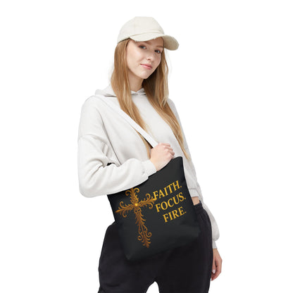 "Faith Focus Fire" Tote Bag: Golden Cross Christian Gift