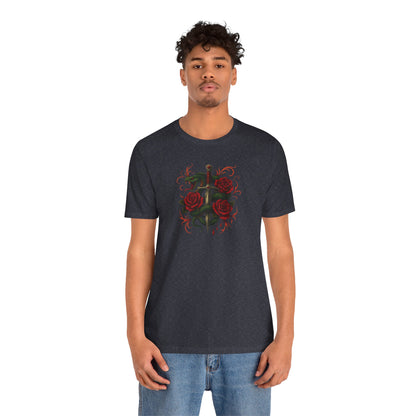Edgy Rose Design Tee, Casual Wear, Gift for Music Lovers, Streetwear, Graphic Shirt, Vintage Style