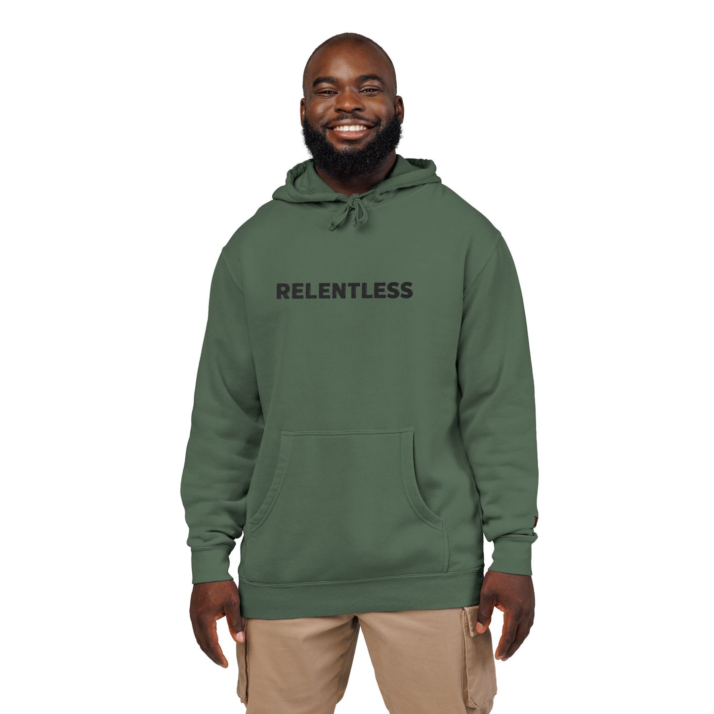 Relentless Hoodie — Embroidered Pigment-Dyed Olive Motivational Pullover