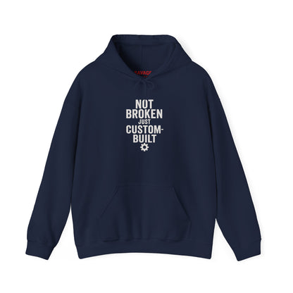 Not Broken Just Custom-Built | Unisex Graphic Hoodie – Garage Edition