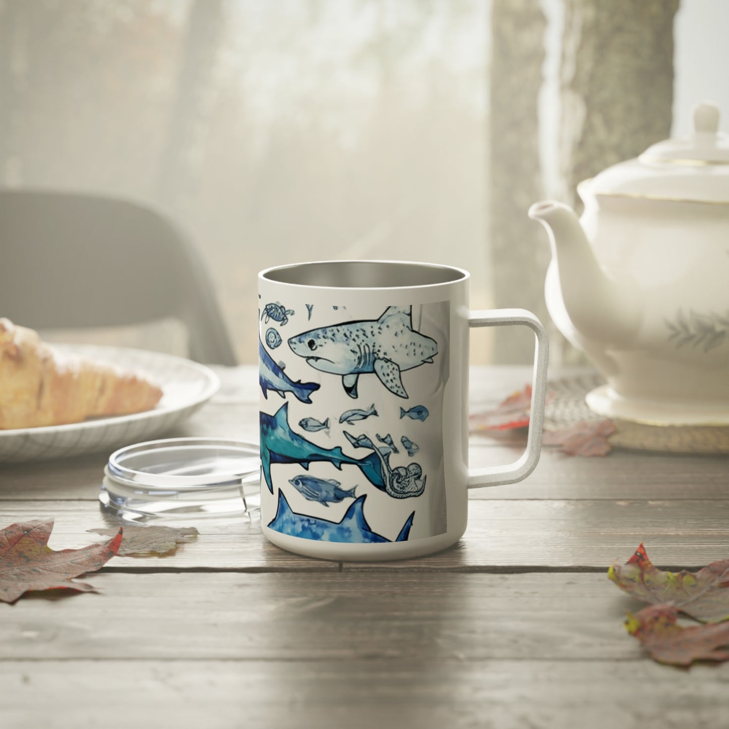 Ocean-Themed Insulated Coffee Mug, Shark and Jellyfish Design