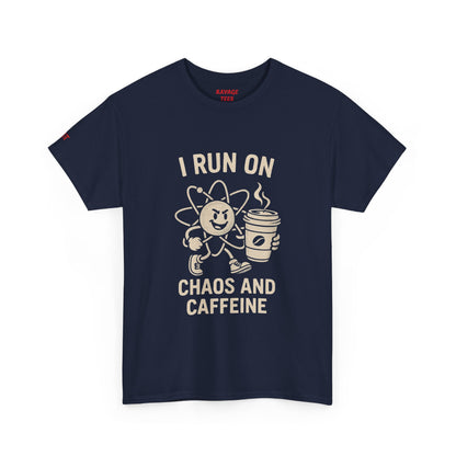 Coffee Lover's Unisex Tee - I Run on Chaos and Caffeine, Funny T-Shirt, Gift for Coffee Enthusiasts, Casual Wear, Relaxed Fit