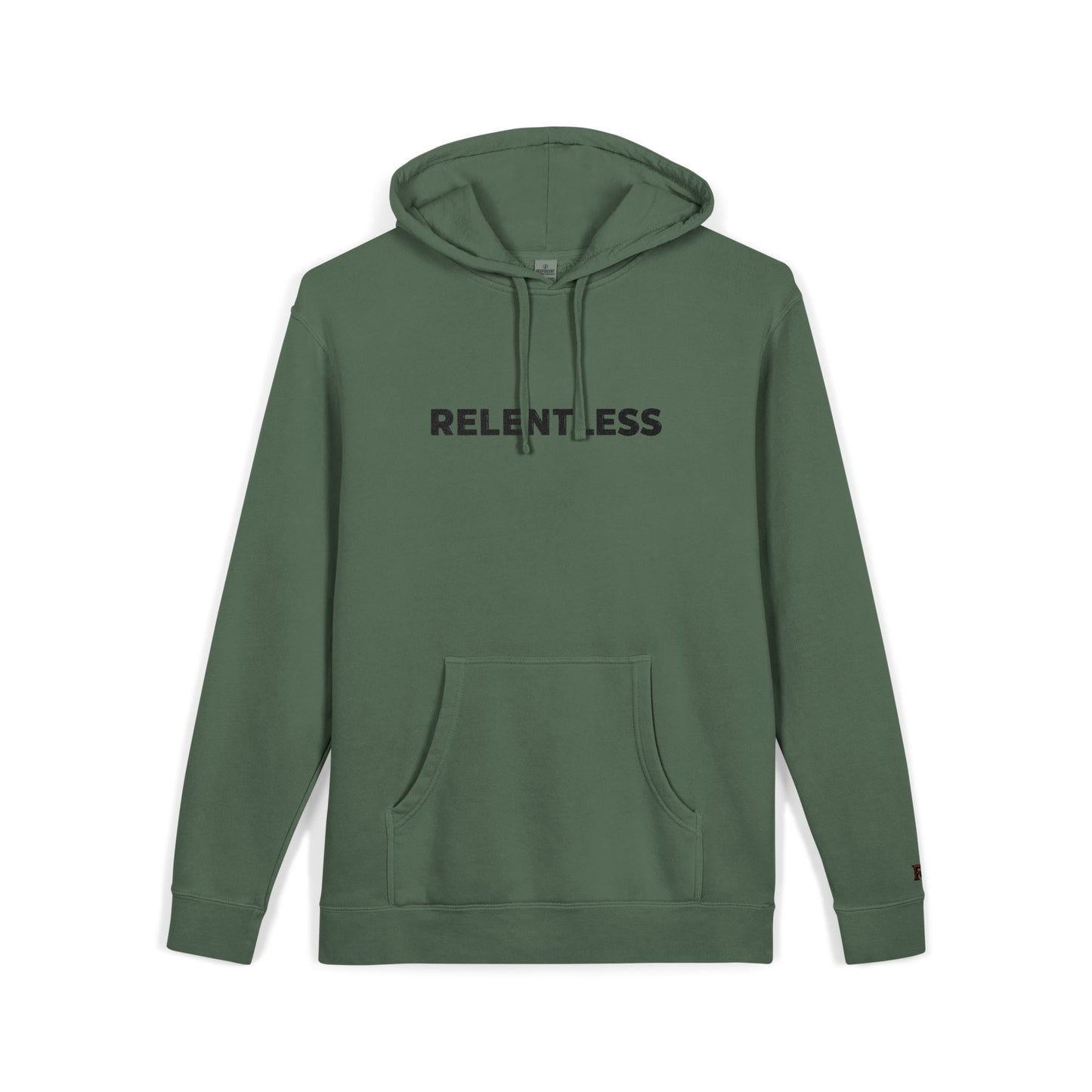 Relentless Hoodie — Embroidered Pigment-Dyed Olive Motivational Pullover