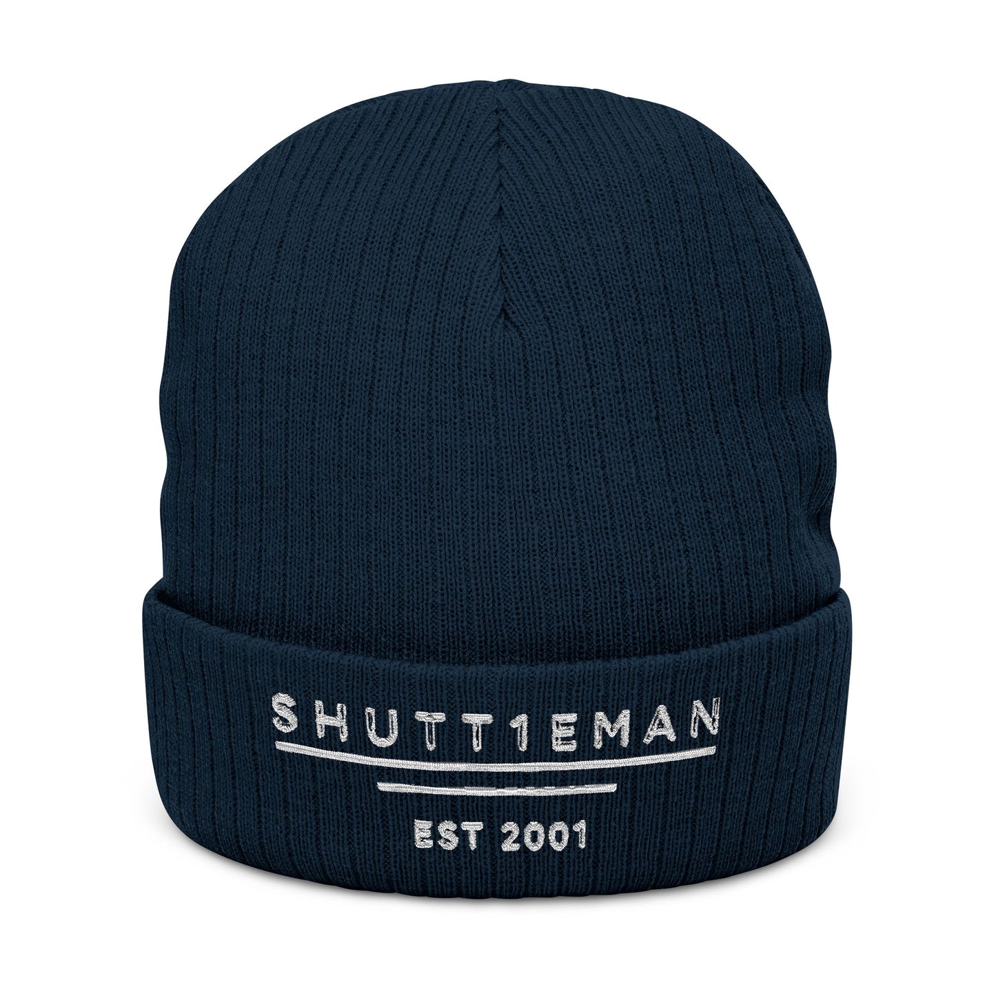 Embroidered Ribbed Beanie — “SHUTTLEMAN EST 2001” Cozy Knit Hat