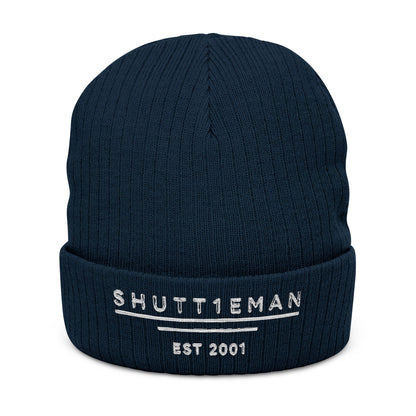 Embroidered Ribbed Beanie — “SHUTTLEMAN EST 2001” Cozy Knit Hat