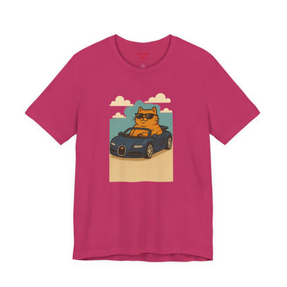 Cat Driving Sports Car Tee — Retro Graphic Cat Race Shirt