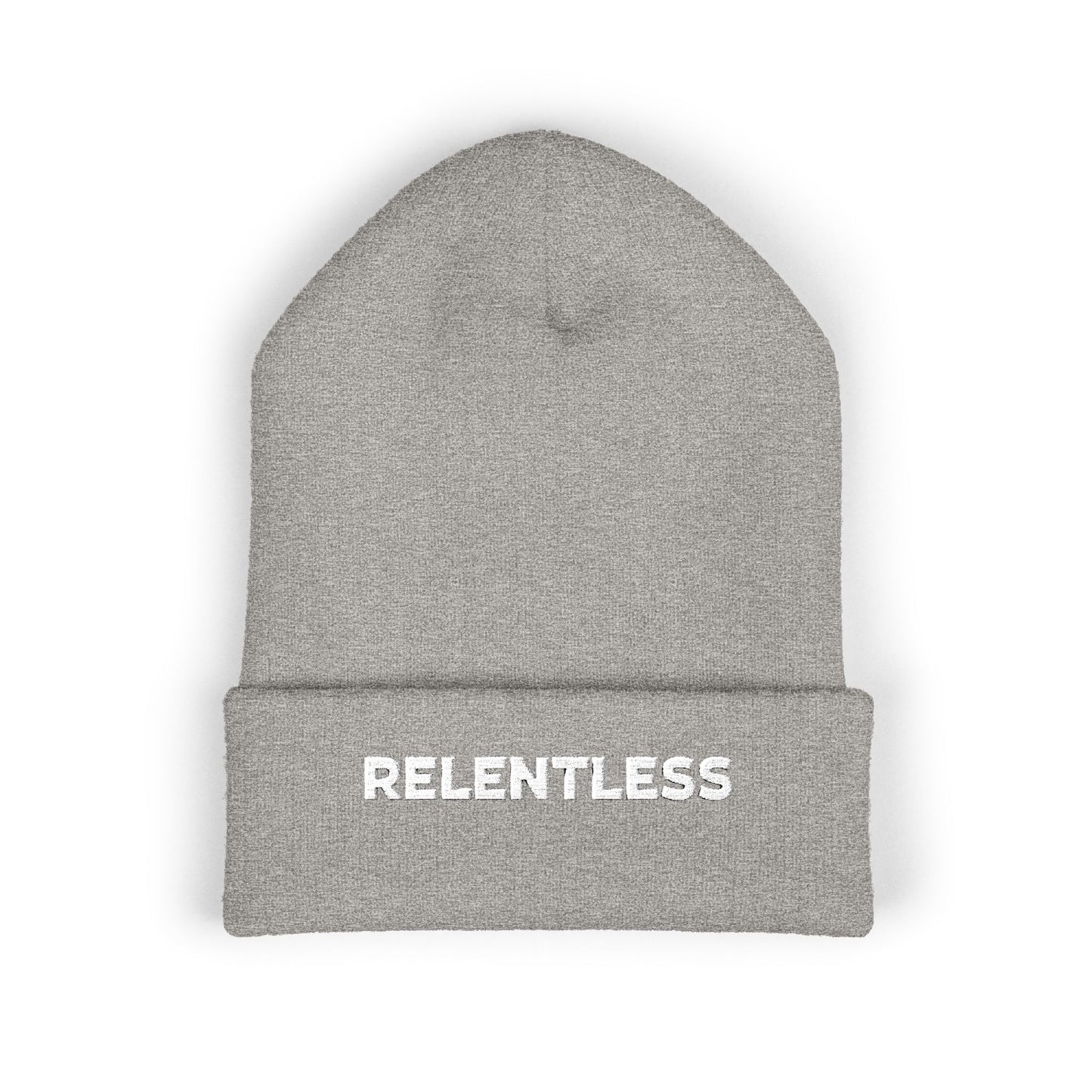 Relentless Embroidered Cuffed Beanie — Bold Motivational Knit Hat