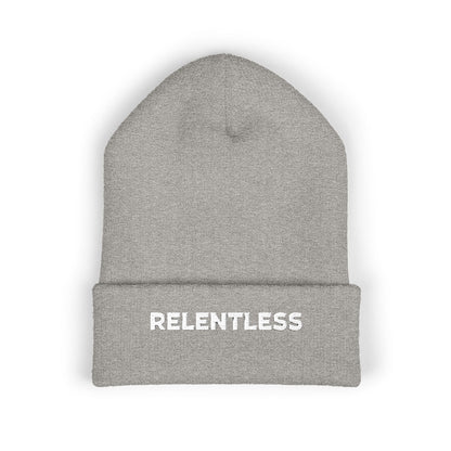 Relentless Embroidered Cuffed Beanie — Bold Motivational Knit Hat
