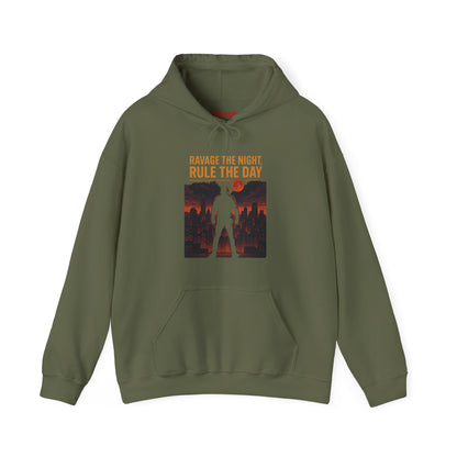 RAVAGE THE NIGHT RULE THE DAY Hoodie – Urban Adventure Graphic Sweatshirt, Cool Unisex Streetwear, Casual Wear, Unique Gifthion