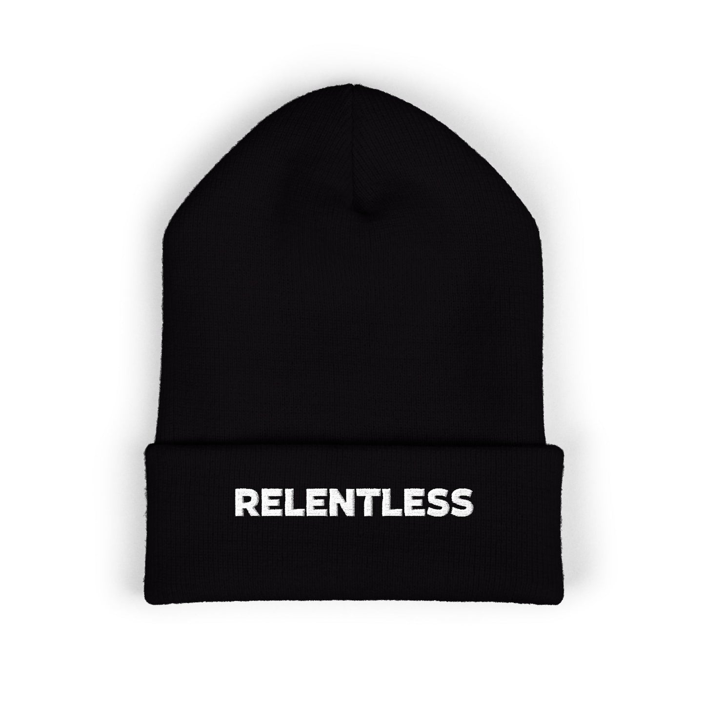 Relentless Embroidered Cuffed Beanie — Bold Motivational Knit Hat