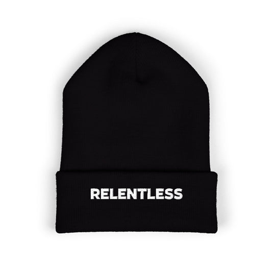 Relentless Embroidered Cuffed Beanie — Bold Motivational Knit Hat