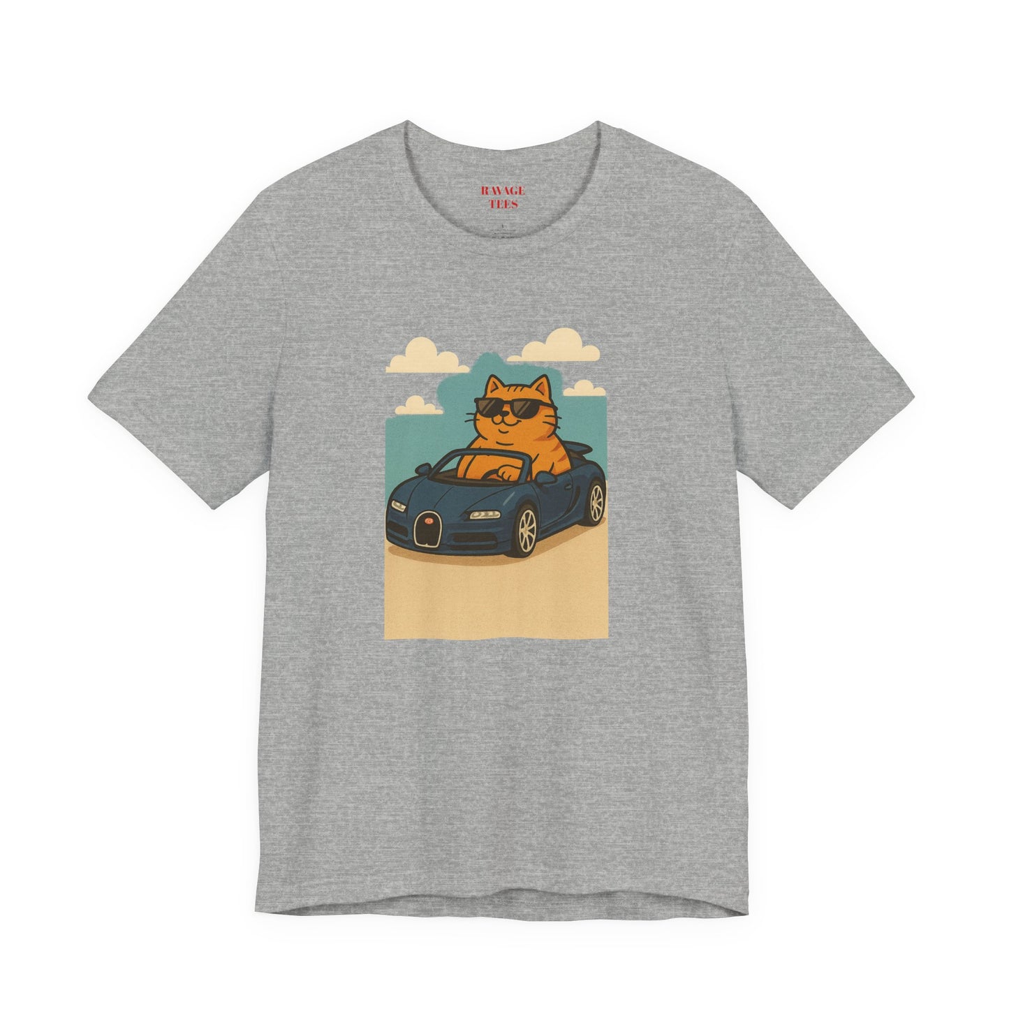 Cat Driving Sports Car Tee — Retro Graphic Cat Race Shirt