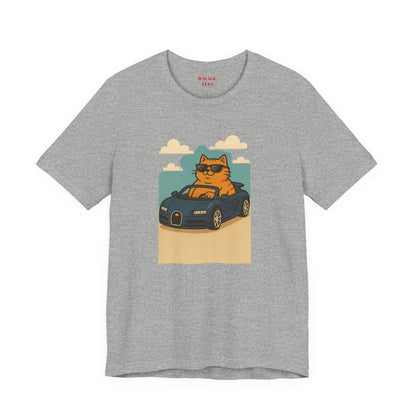 Cat Driving Sports Car Tee — Retro Graphic Cat Race Shirt