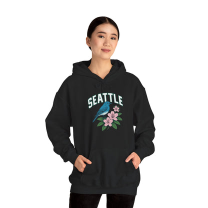 Seattle Bird & Floral Unisex Hoodie, Cozy Sweatshirt, Gift for Nature Lovers, Casual Wear, Travel Souvenir, Relaxed Style