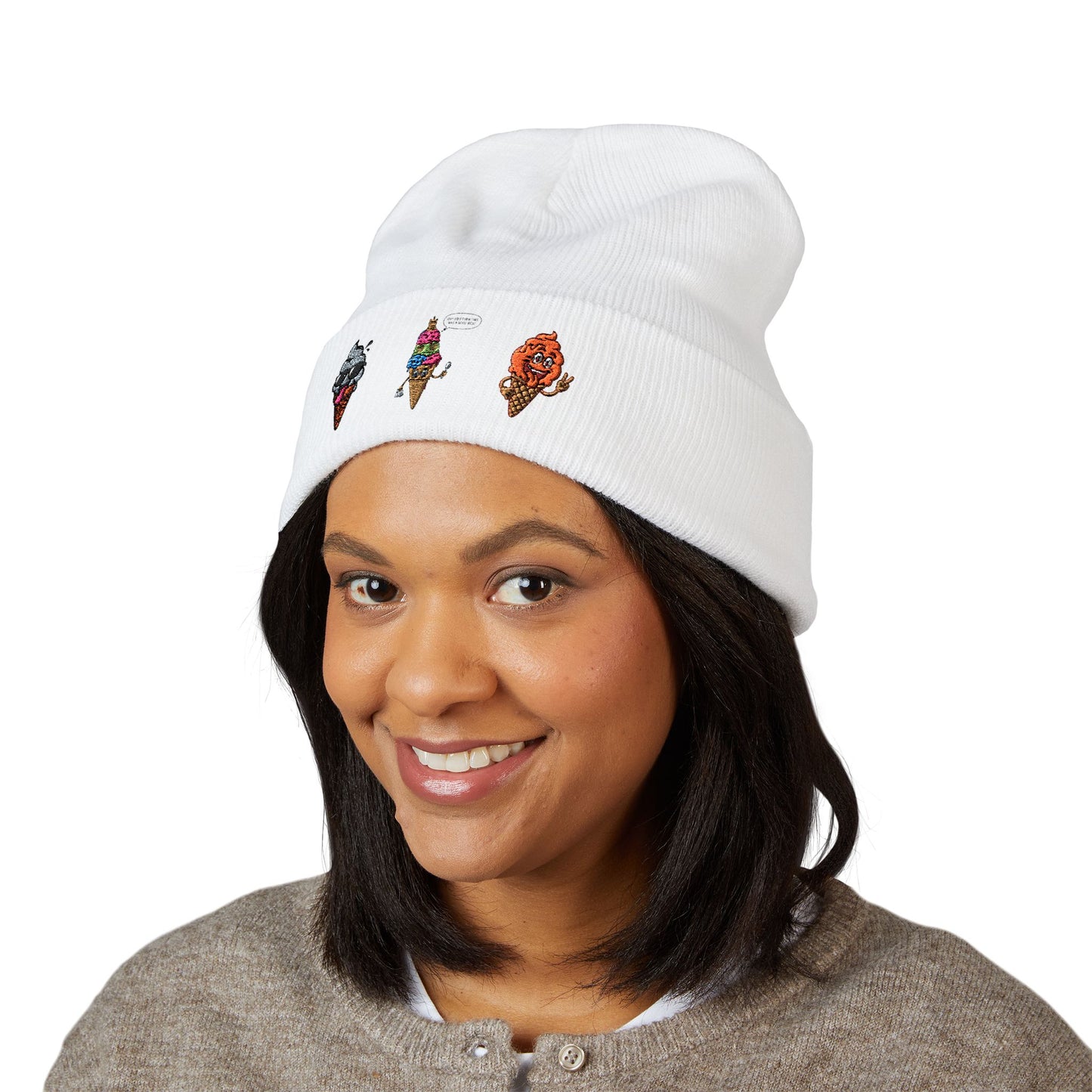 Ice Cream Cuffed Beanie with Fun Embroidery