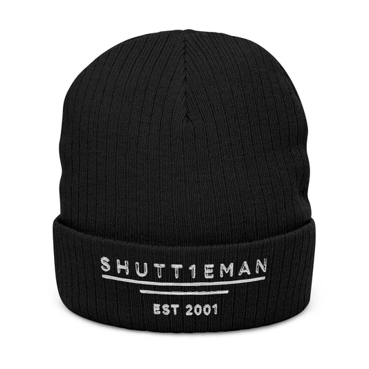 Embroidered Ribbed Beanie — “SHUTTLEMAN EST 2001” Cozy Knit Hat