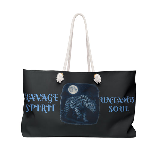 RAVAGE SPIRIT UNTAMED SOULD- Weekender Bag, Travel Tote, Animal Print Carryall, Stylish Gym Bag, Overnight Bag, Blue Leopard Design