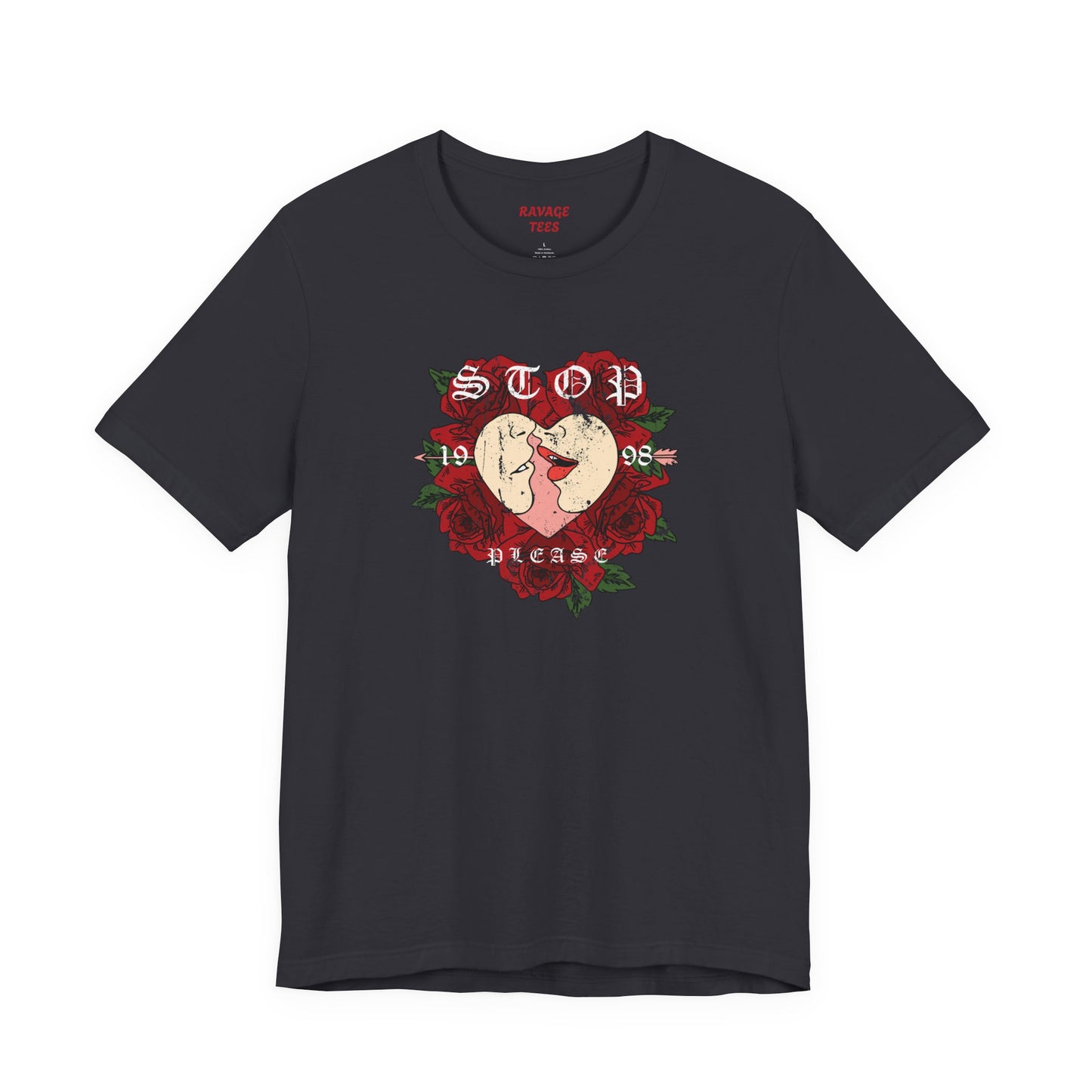 Romantic Graphic Tee, Stop Please Love Shirt, Unisex Kissing Tee, Floral Rose T-Shirt, Couple Gifts, Valentine's Apparel