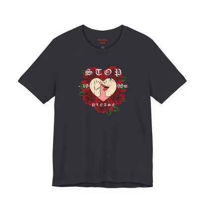 Romantic Graphic Tee, Stop Please Love Shirt, Unisex Kissing Tee, Floral Rose T-Shirt, Couple Gifts, Valentine's Apparel