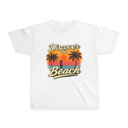 Discover the Beach Youth T-Shirt — Retro Sunset Palm Kids Tee