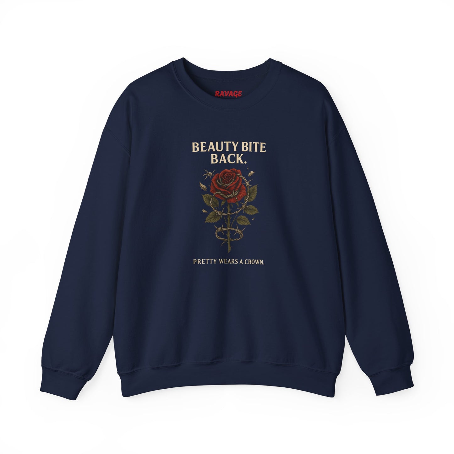 “Beauty Bites Back” Unisex Crewneck Sweatshirt – Heavy Blend Pullover for Casual Wear | Cozy Streetwear Gift for Her, Feminist Fashion Statement