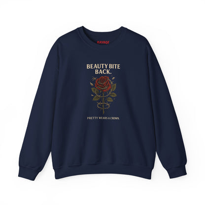 “Beauty Bites Back” Unisex Crewneck Sweatshirt – Heavy Blend Pullover for Casual Wear | Cozy Streetwear Gift for Her, Feminist Fashion Statement
