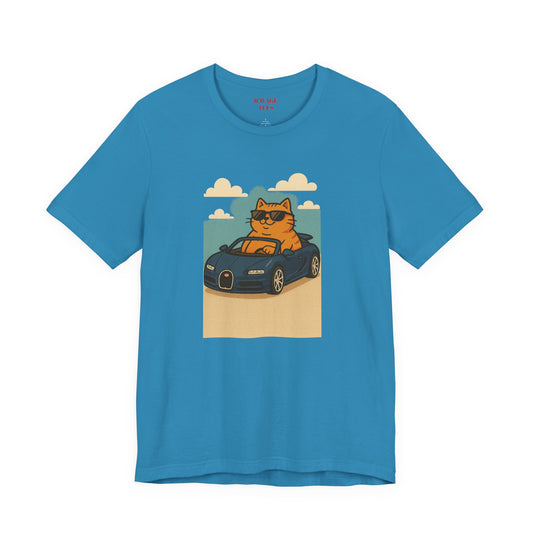 Cat Driving Sports Car Tee — Retro Graphic Cat Race Shirt