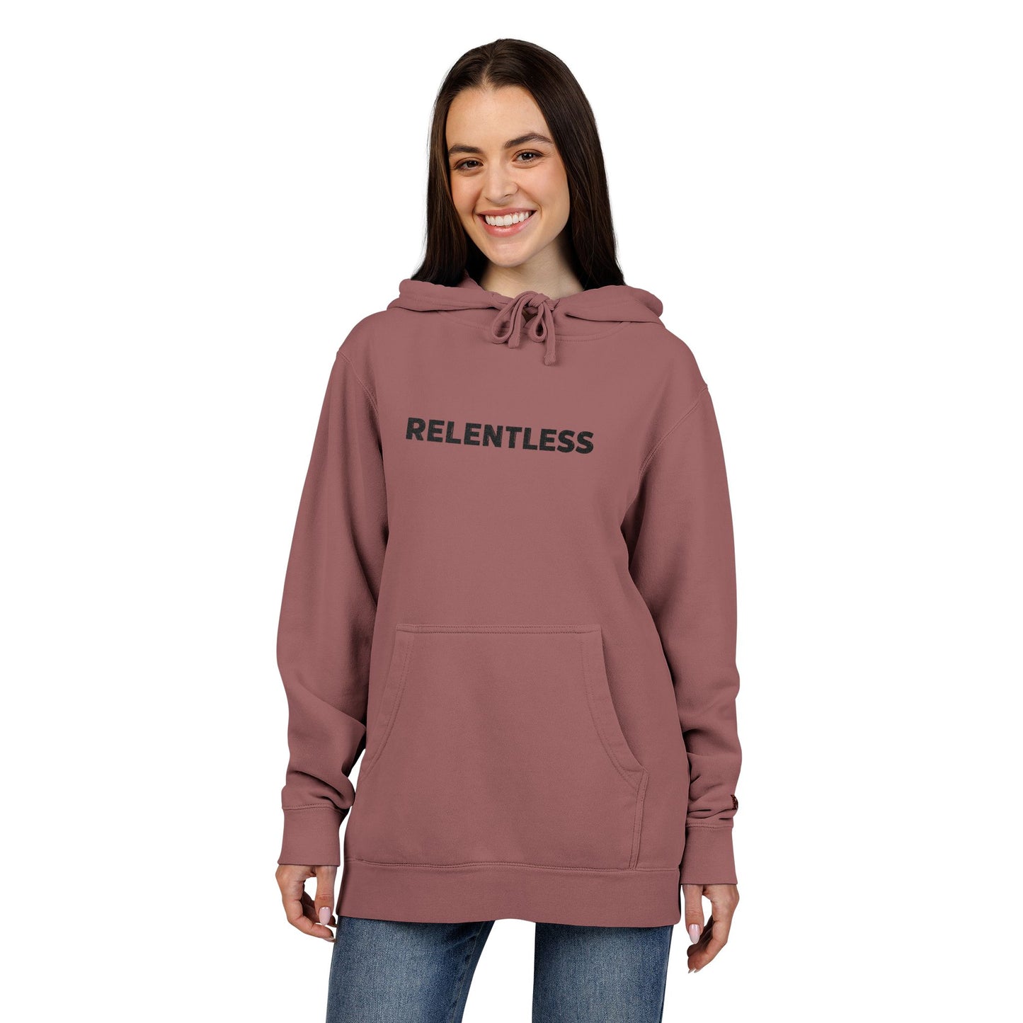 Relentless Hoodie — Embroidered Pigment-Dyed Olive Motivational Pullover
