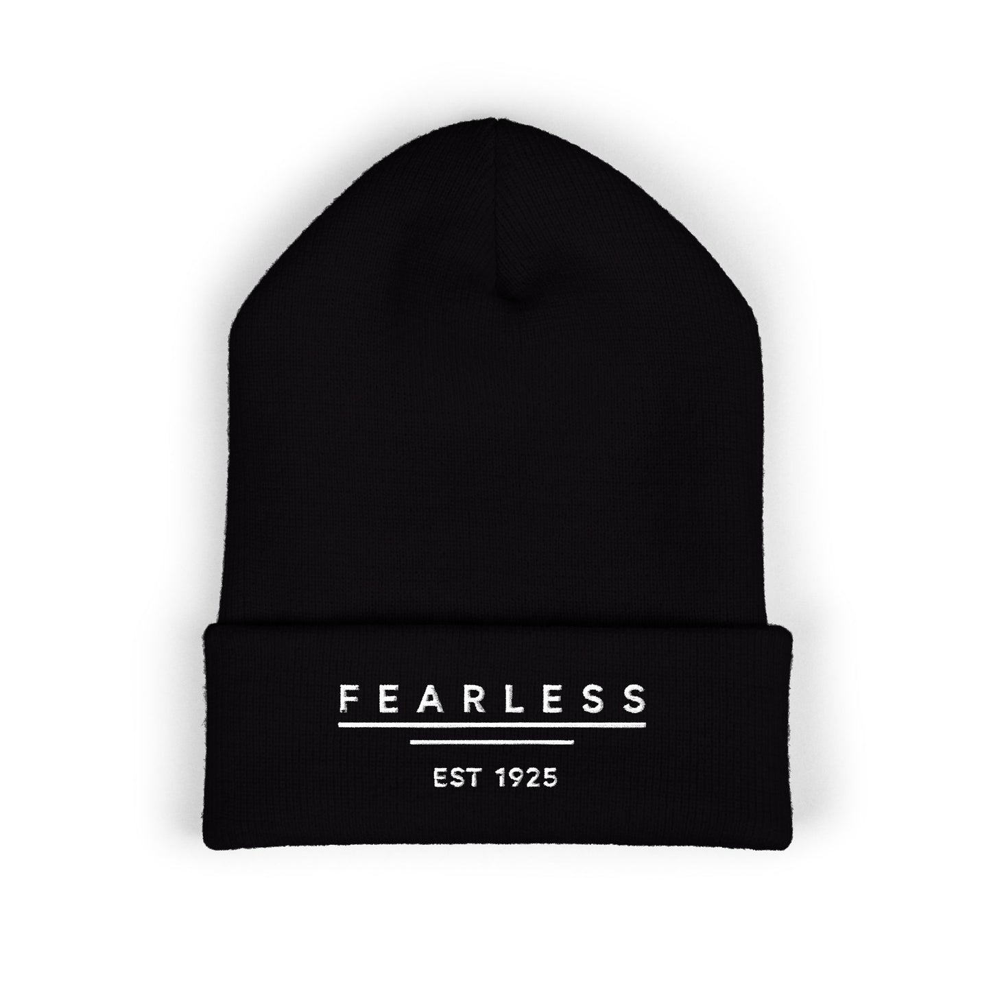 Fearless Embroidered Cuffed Beanie — Bold Black Knit Hat