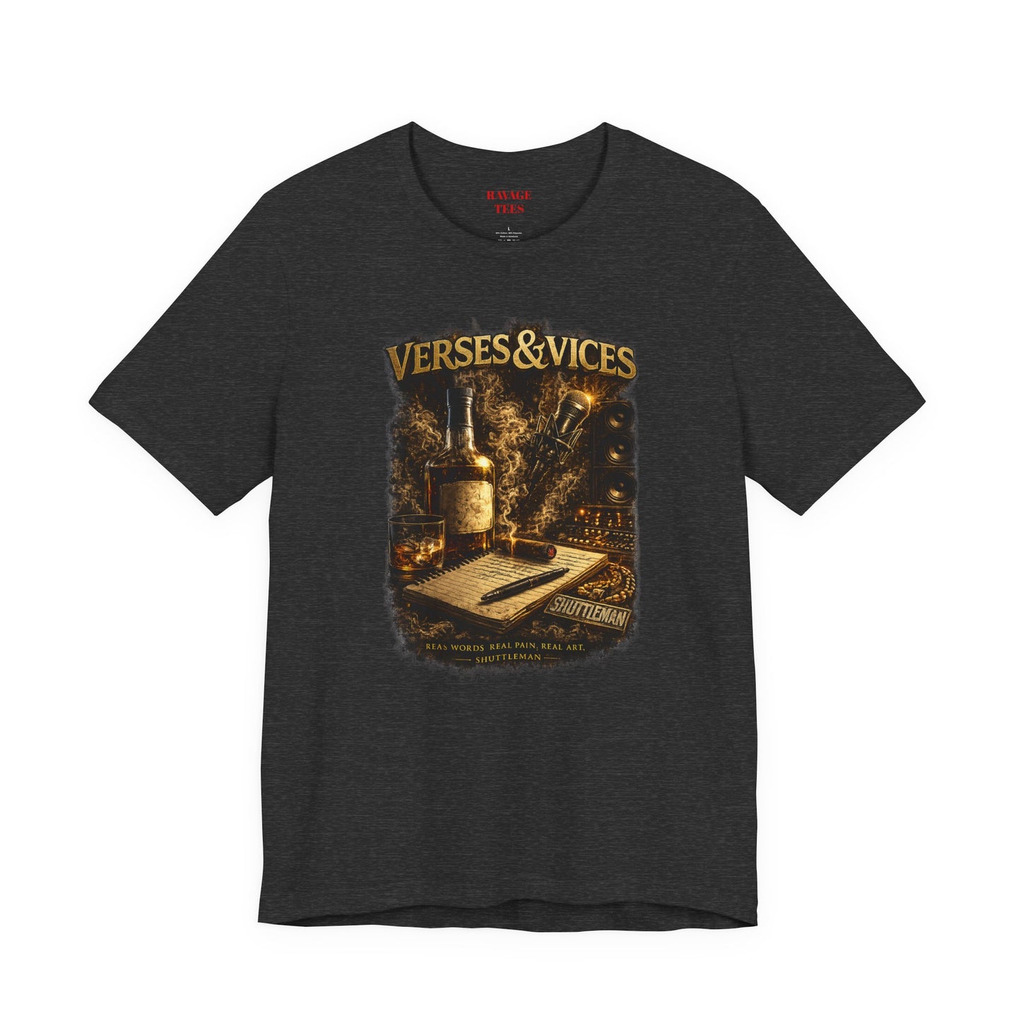 Verses & Vices Tee — Vintage Whiskey & Notebook Graphic T-Shirt