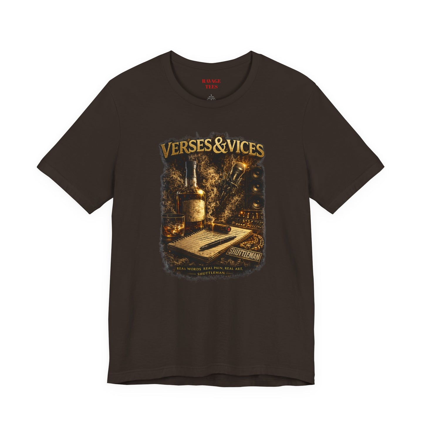 Verses & Vices Tee — Vintage Whiskey & Notebook Graphic T-Shirt