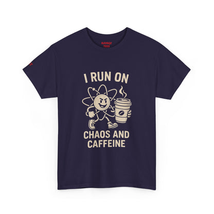Coffee Lover's Unisex Tee - I Run on Chaos and Caffeine, Funny T-Shirt, Gift for Coffee Enthusiasts, Casual Wear, Relaxed Fit