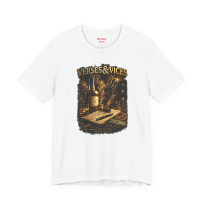 Verses & Vices Tee — Vintage Whiskey & Notebook Graphic T-Shirt