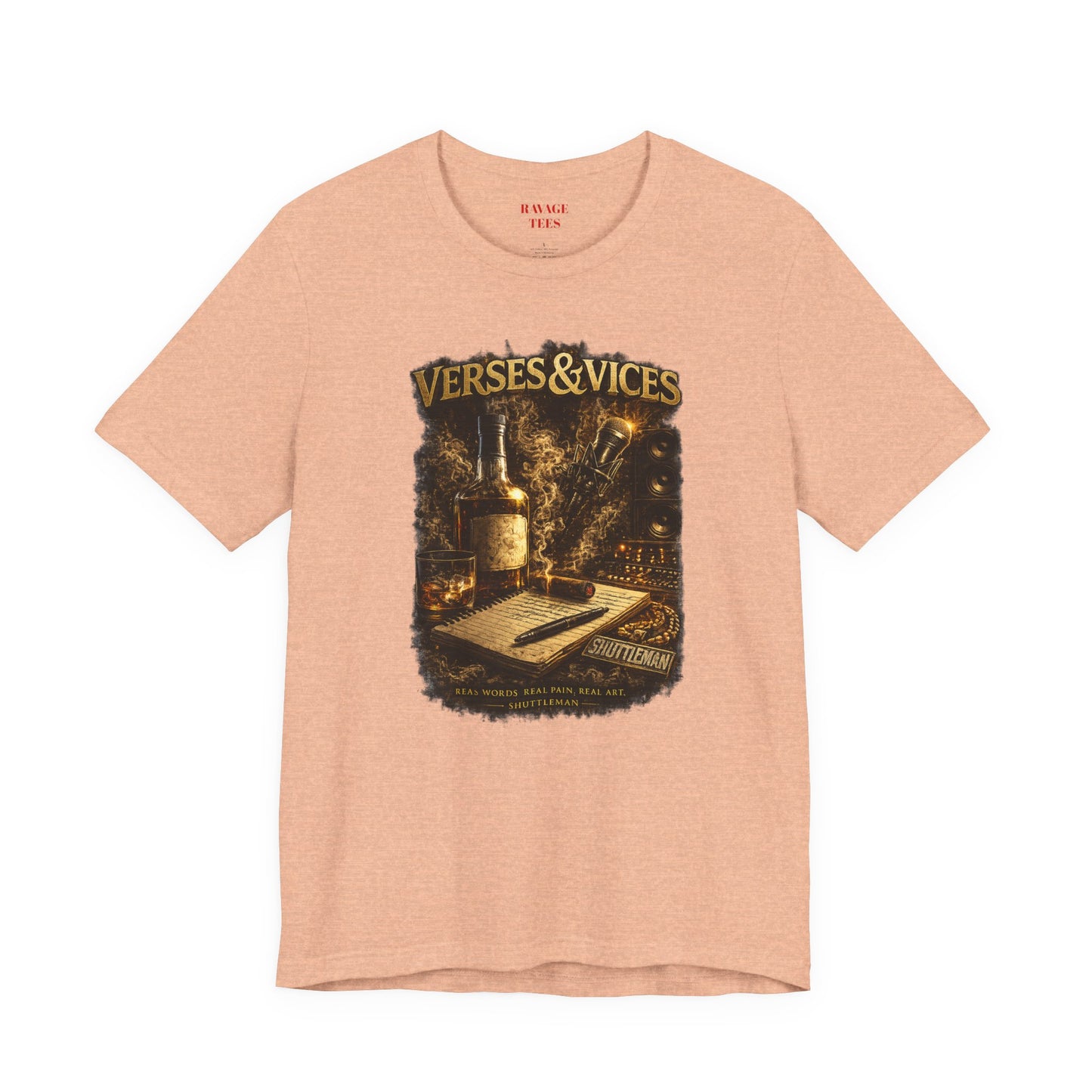 Verses & Vices Tee — Vintage Whiskey & Notebook Graphic T-Shirt