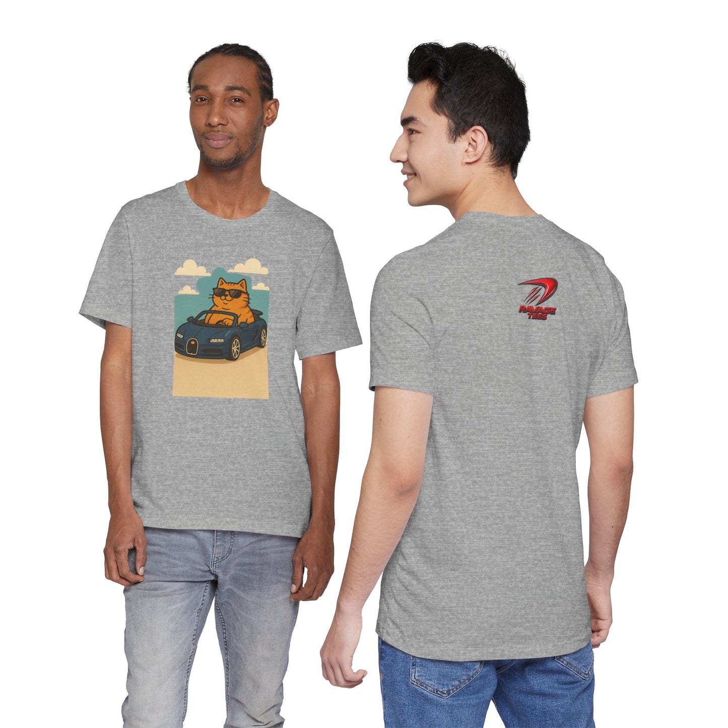 Cat Driving Sports Car Tee — Retro Graphic Cat Race Shirt