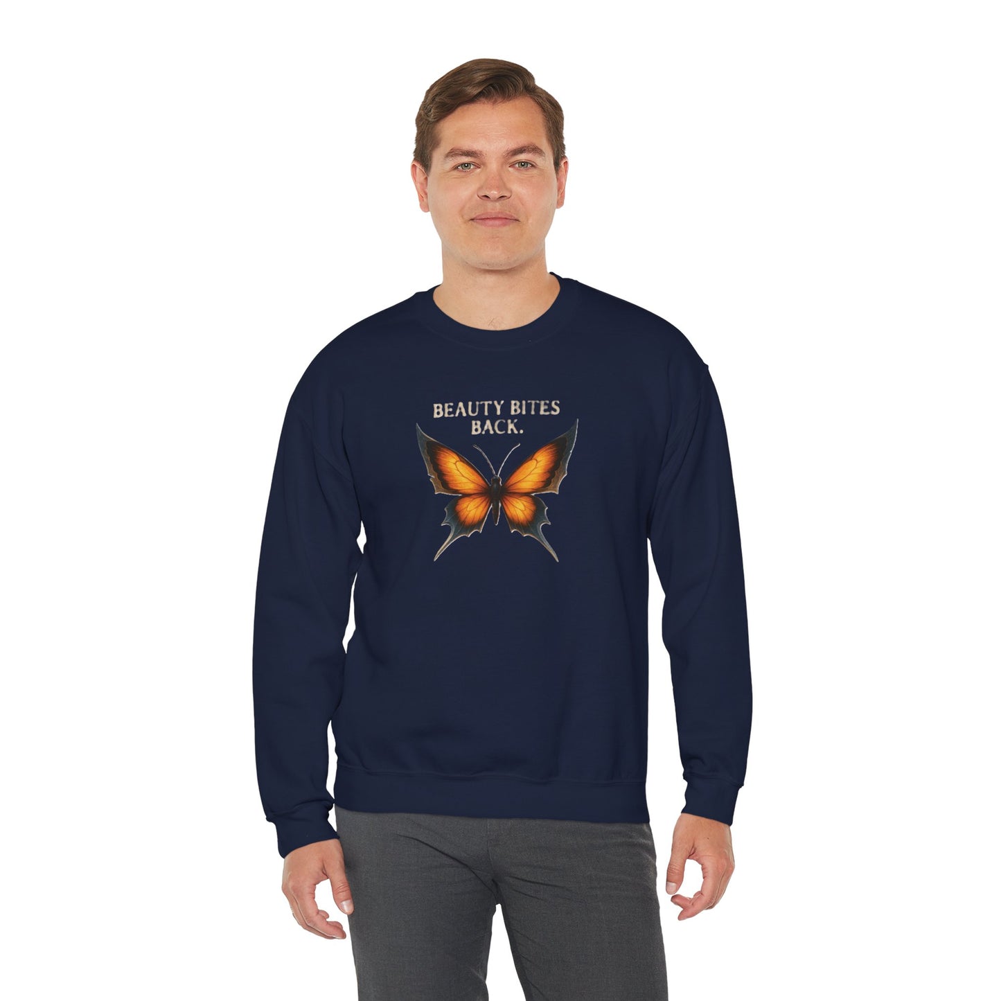 “Beauty Bites Back” Unisex Crewneck Sweatshirt – Heavy Blend Pullover for Casual Wear | Cozy Streetwear Gift for Her, Feminist Fashion Statement