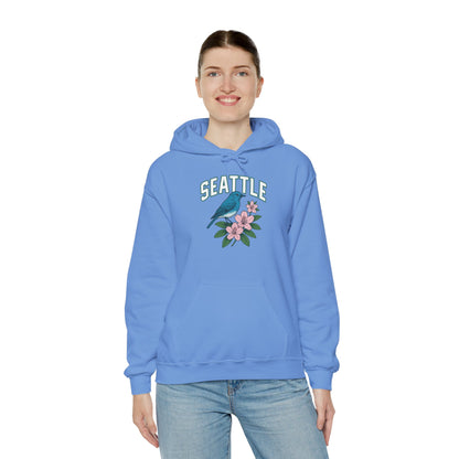 Seattle Bird & Floral Unisex Hoodie, Cozy Sweatshirt, Gift for Nature Lovers, Casual Wear, Travel Souvenir, Relaxed Style