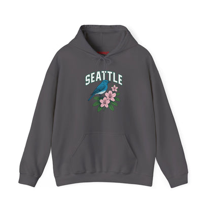 Seattle Bird & Floral Unisex Hoodie, Cozy Sweatshirt, Gift for Nature Lovers, Casual Wear, Travel Souvenir, Relaxed Style