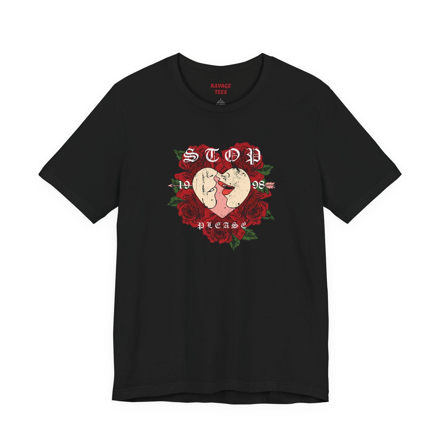 Romantic Graphic Tee, Stop Please Love Shirt, Unisex Kissing Tee, Floral Rose T-Shirt, Couple Gifts, Valentine's Apparel