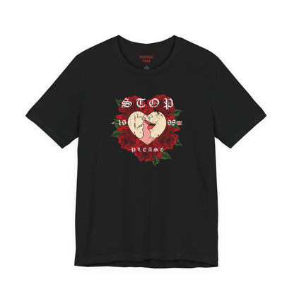 Romantic Graphic Tee, Stop Please Love Shirt, Unisex Kissing Tee, Floral Rose T-Shirt, Couple Gifts, Valentine's Apparel
