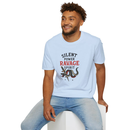 SILENT POWER RAVAGE SPIRIT Tee | Unisex Softstyle Graphic T-Shirt, Fierce Streetwear, Casual Wear, Bold Gift for Him/Her
