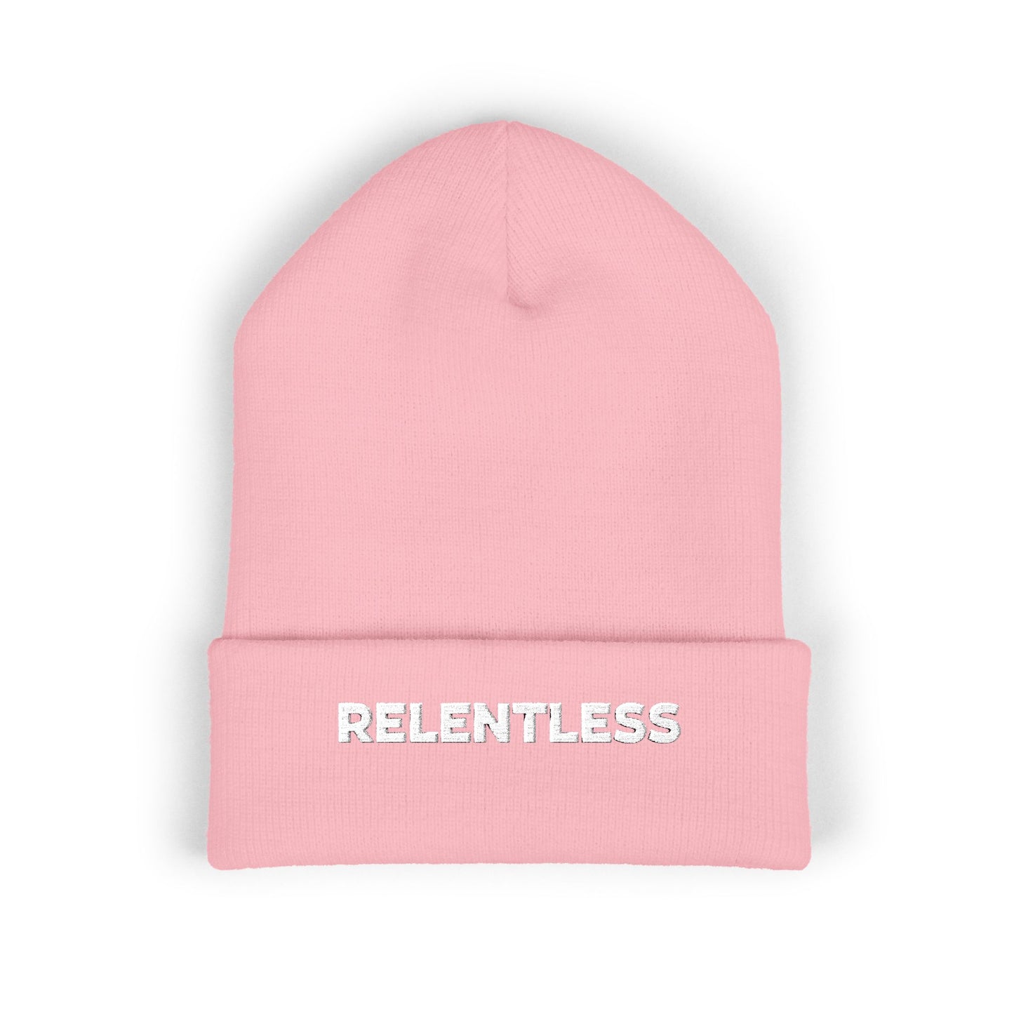 Relentless Embroidered Cuffed Beanie — Bold Motivational Knit Hat