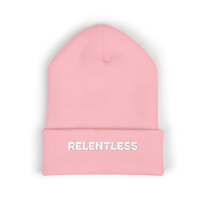 Relentless Embroidered Cuffed Beanie — Bold Motivational Knit Hat