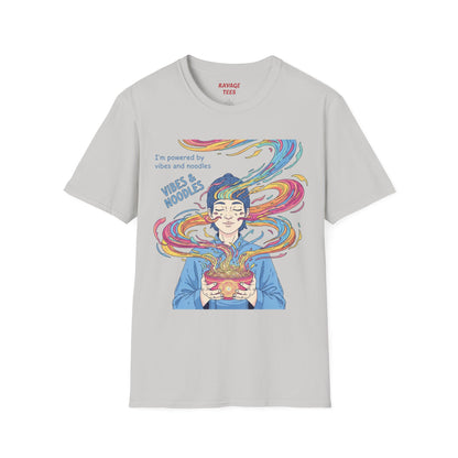 Vibes and Noodles Graphic Tee – Unisex Softstyle T-Shirt, Fun Quirky Apparel, Gift for Food Lovers, Casual Everyday Wear