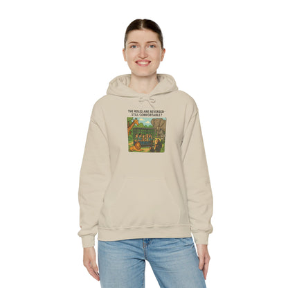 The Roles are Reversed- Are You Comfortable-Comfy Graphic Hoodie for Cozy Days, Unisex Heavy Blend Sweatshirt with Quirky Art, Perfect for Fall, Winter, Gifting, Casual Wear
