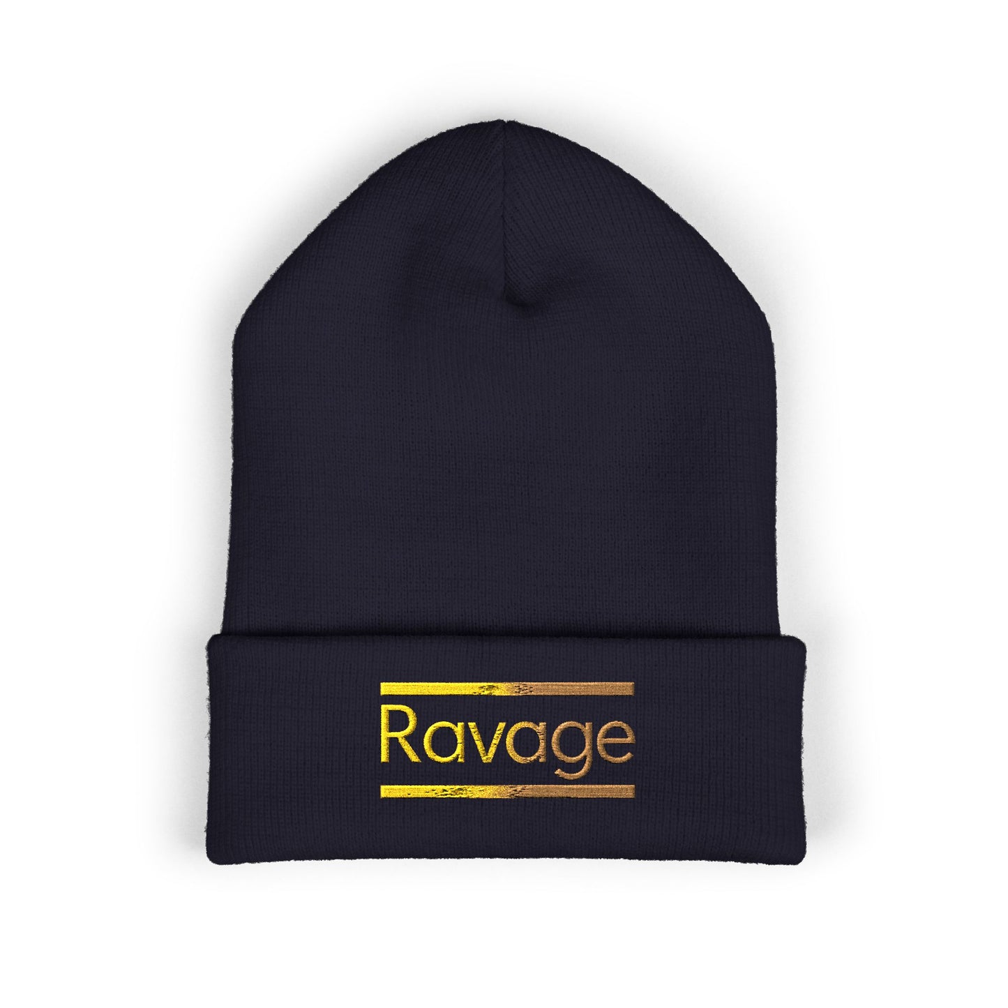 Ravage Embroidered Cuffed Beanie | Gold Logo Knit Hat