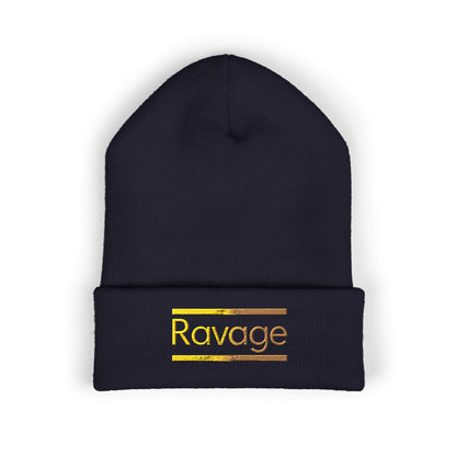 Ravage Embroidered Cuffed Beanie | Gold Logo Knit Hat